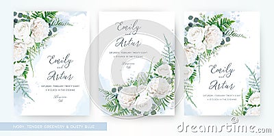 Wedding invite, invitation watercolor floral card template set. Elegant stylish tender ivory white garden Rose flower, asparagus Vector Illustration