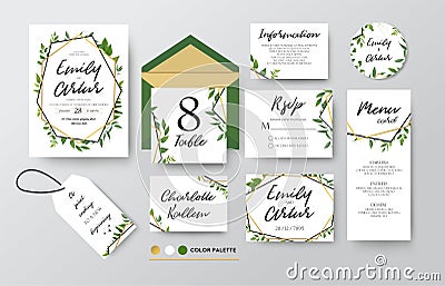 Wedding invite, menu, rsvp, thank you label save the date card D Vector Illustration