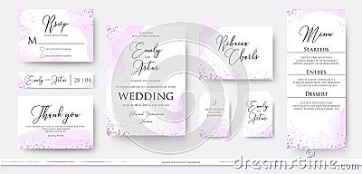 Wedding invite thank you, rsvp menu card design set with abstract watercolor decoration in light tender dusty pink, rosy and viol Vector Illustration