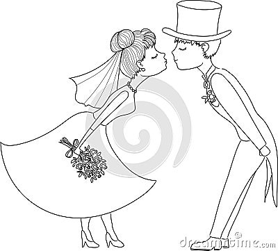 Wedding kiss. Groom and bride kiss. Vector Illustration