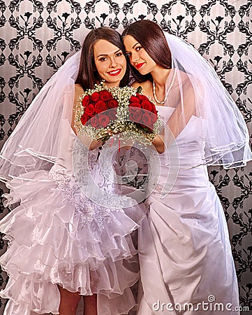 Wedding lesbians girl in bridal dress. Stock Photo
