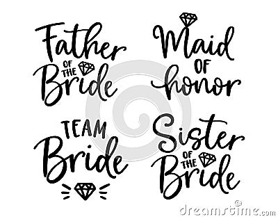 Wedding lettering set. Black hand lettered quotes with diamond rings for greeting cards, gift tags, labels. Typography Vector Illustration