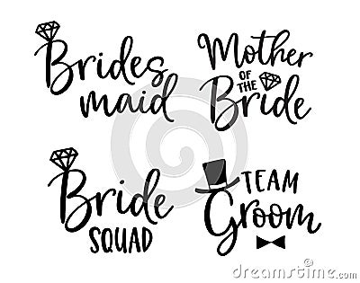 Wedding lettering set. Black hand lettered quotes with diamond rings for greeting cards, gift tags, labels. Typography Vector Illustration