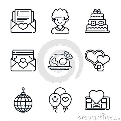 wedding line icons. linear set. quality vector line set such as location, balloons, disco ball, hearts, chicken, envelope, wedding Vector Illustration