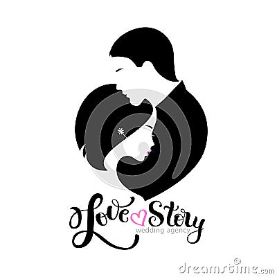 Wedding logo with silhouettes bride and groom Vector Illustration