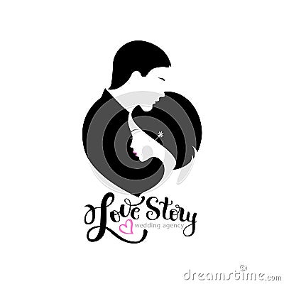 Wedding logo with silhouettes bride and groom Vector Illustration