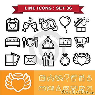 Wedding love Line icons set 36 Vector Illustration