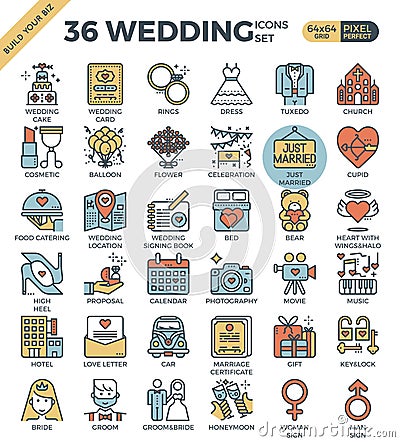 Wedding & Love outline color icons Vector Illustration
