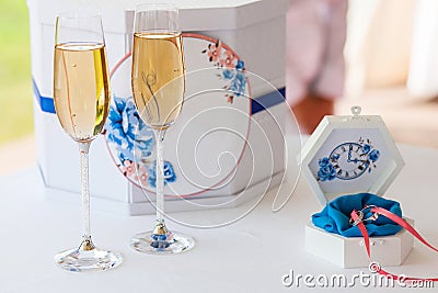 Wedding mail box and casket with two glasses with campagne Stock Photo