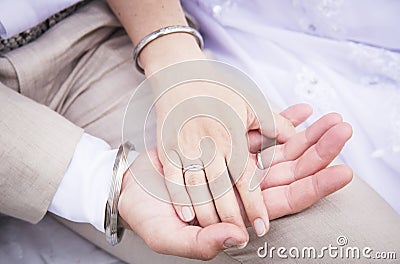 Wedding. Man is holding his wife`s hand. Stock Photo