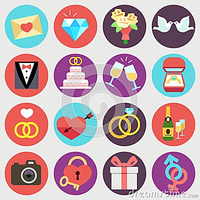 Wedding marriage bridal vector flat icons set Vector Illustration