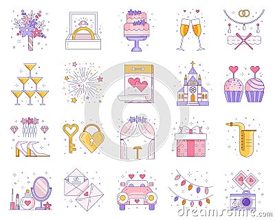 Wedding and Marriage Ceremony Line Icon Set Vector Illustration