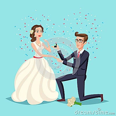 Wedding and marriage couple design. Proposal marriage, vector illustration flat design. Man is holding in hand an open box with a Vector Illustration