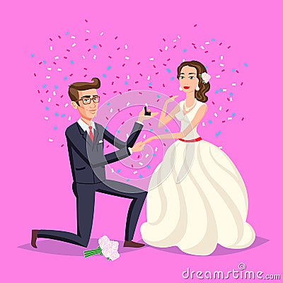 Wedding and marriage couple design. Proposal marriage, vector illustration flat design. Man is holding in hand an open box with a Vector Illustration