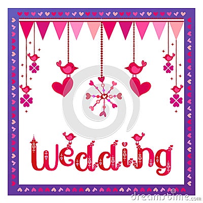 Purple hearts wedding frame. Happy Wedding Day. Dangling love birds border. Celebration flag vector. Romantic illustration. Vector Illustration
