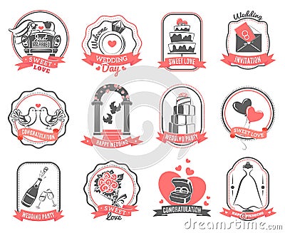 Wedding marriage engagement emblems outline set Vector Illustration