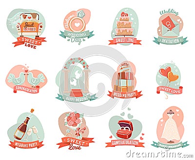 Wedding marriage engagement emblems stickers set Vector Illustration