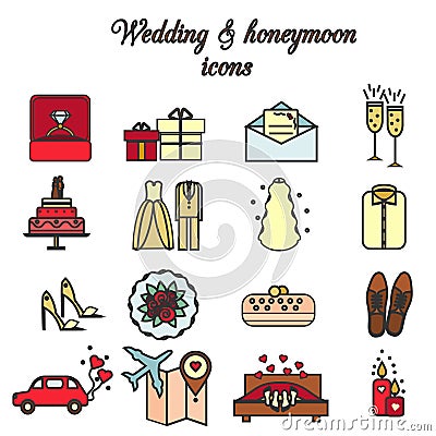 Wedding, marriage, engagement, honeymoon vector icons set Vector Illustration