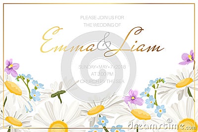 Wedding marriage event invitation card template. Daisy chamomile forget-me-not wild field meadow flowers border frame. Vector Illustration