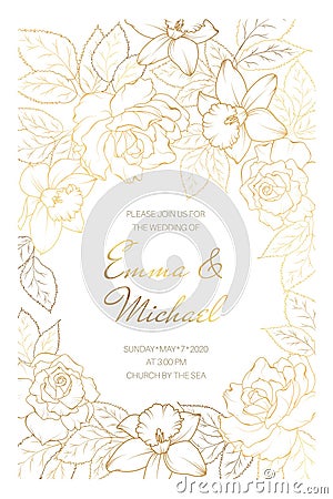 Wedding marriage event invitation card template. Rose peony daffodil narcissus flowers. Copper gold shiny outline. Vector Illustration