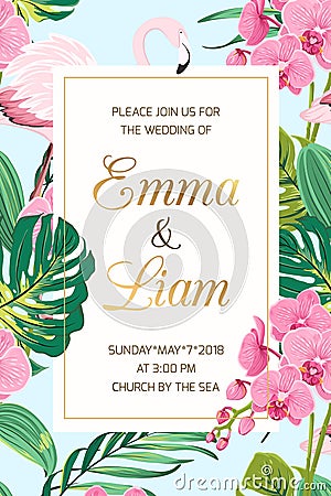 Wedding invitation tropical leaves orchid flamingo Vector Illustration