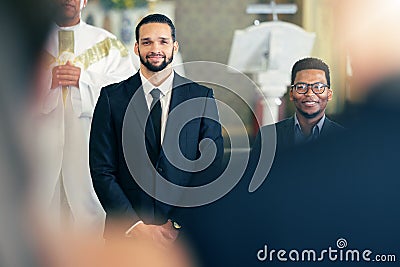 Wedding, marriage and groom waiting at the altar for bride walking down aisle in church. Getting married, romance and Stock Photo