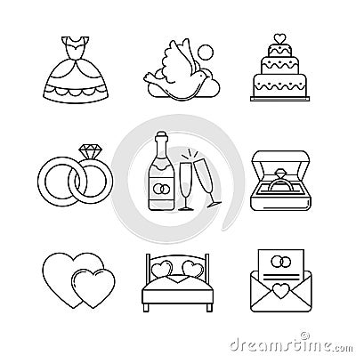 Wedding and marriage thin line art icons set Vector Illustration