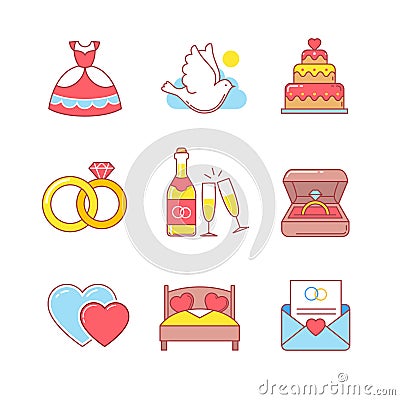 Wedding and marriage thin line icons set Vector Illustration