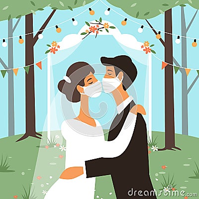 Wedding in masks. Bride and groom kiss, people in medical protective mask, wedding ceremony, romantic couple together Vector Illustration