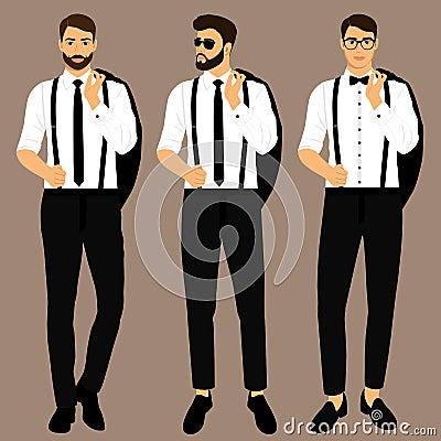 Wedding men`s suit and tuxedo. Collection. The groom. Gentleman. Vector Illustration