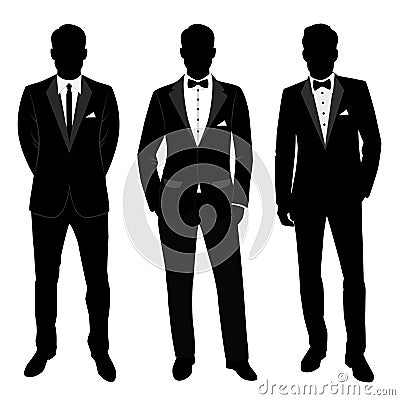 Wedding men`s suit and tuxedo. Collection. The groom. Vector Illustration