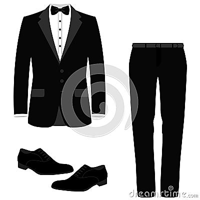 Wedding mens suit with shoes. Vector Illustration