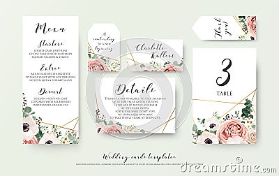 Wedding menu, information, label, table number and place card de Vector Illustration