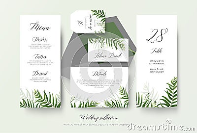 Wedding menu, label, place card, details, table number cards flo Vector Illustration