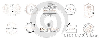 Wedding monogram collection, Modern Minimalistic and Floral templates for Invitation cards, Save the Date, Logo identity Vector Illustration