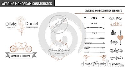 Wedding Monogram Constructor, Modern Minimalistic Collection of templates for Invitation cards, Save the Date, Logo Vector Illustration