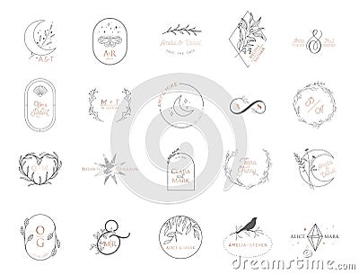 Wedding monogram vector collection. Modern minimalistic floral templates. Wreath for Invitation Vector Illustration