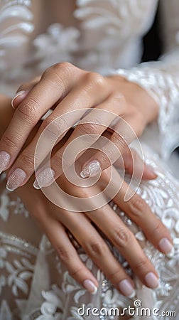 Wedding nail design of the bride, beautiful hands of the bride with well-groomed manicure Stock Photo