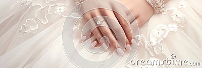 Wedding nail design of the bride, beautiful hands of the bride with well-groomed manicure, banner Stock Photo