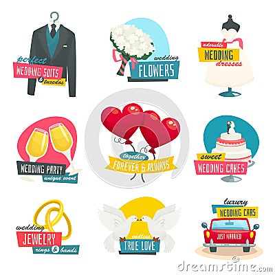 Wedding objects labels set, collection of wedding emblems badges, cartoon vector illustration Vector Illustration