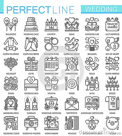 Wedding outline concept symbols. Perfect thin line icons. Modern linear stroke style illustrations set. Vector Illustration