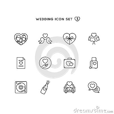Wedding outline icon set. object of marriage illustration with love symbol collection. Cartoon Illustration