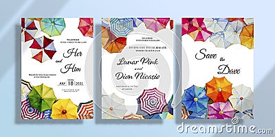 Wedding paintings umbrella set invitation card with watercolor seascape Vector Illustration