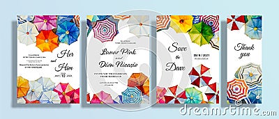 Wedding paintings umbrella set invitation card with watercolor seascape Vector Illustration