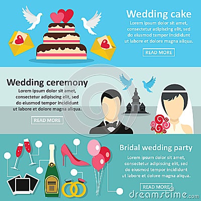 Wedding party banner horizontal set, flat style Vector Illustration