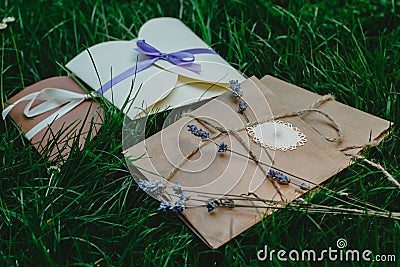 Wedding or party decorative envelopes lie on the green grass. Ivory, brown and violet colours. Strings and lavender. Rustic Stock Photo