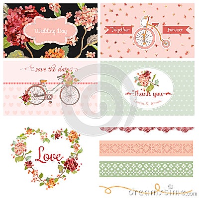 Wedding Party Hortensia Flowers and Bicycle Theme Vector Illustration
