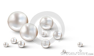 Many small and big white pearls on white background Stock Photo