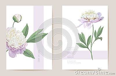 Wedding peony floral Save the Date set. Vector spring flowers, leaves boho invitation card. Watercolor template Vector Illustration