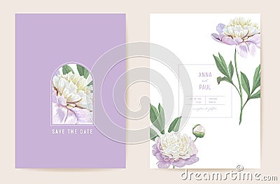 Wedding peony floral Save the Date set. Vector spring flowers, leaves boho invitation card. Watercolor template Vector Illustration